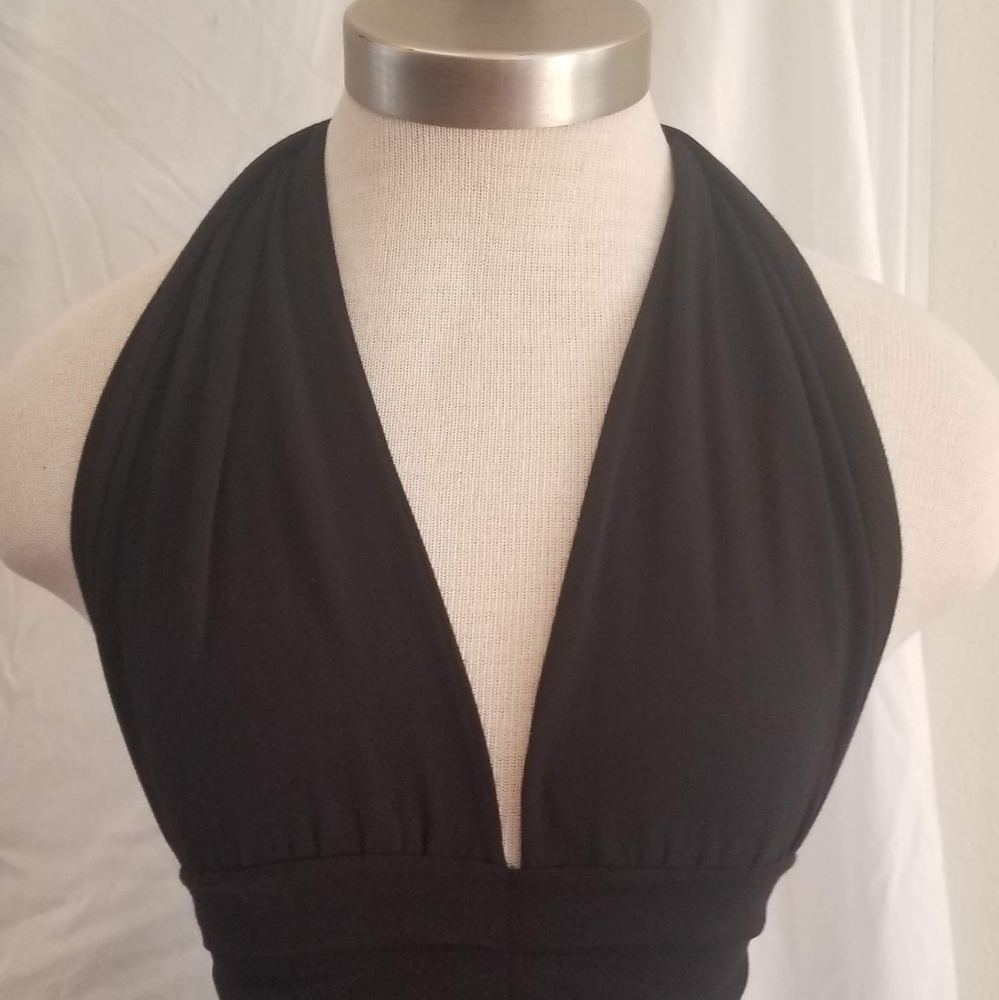 black halter flowy midi dress with rouching